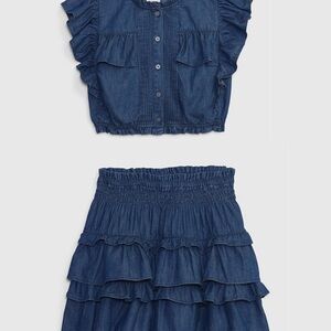 Gap × LoveShackFancy Kids Denim Flippy Skirt and Ruffle Button-Front Top